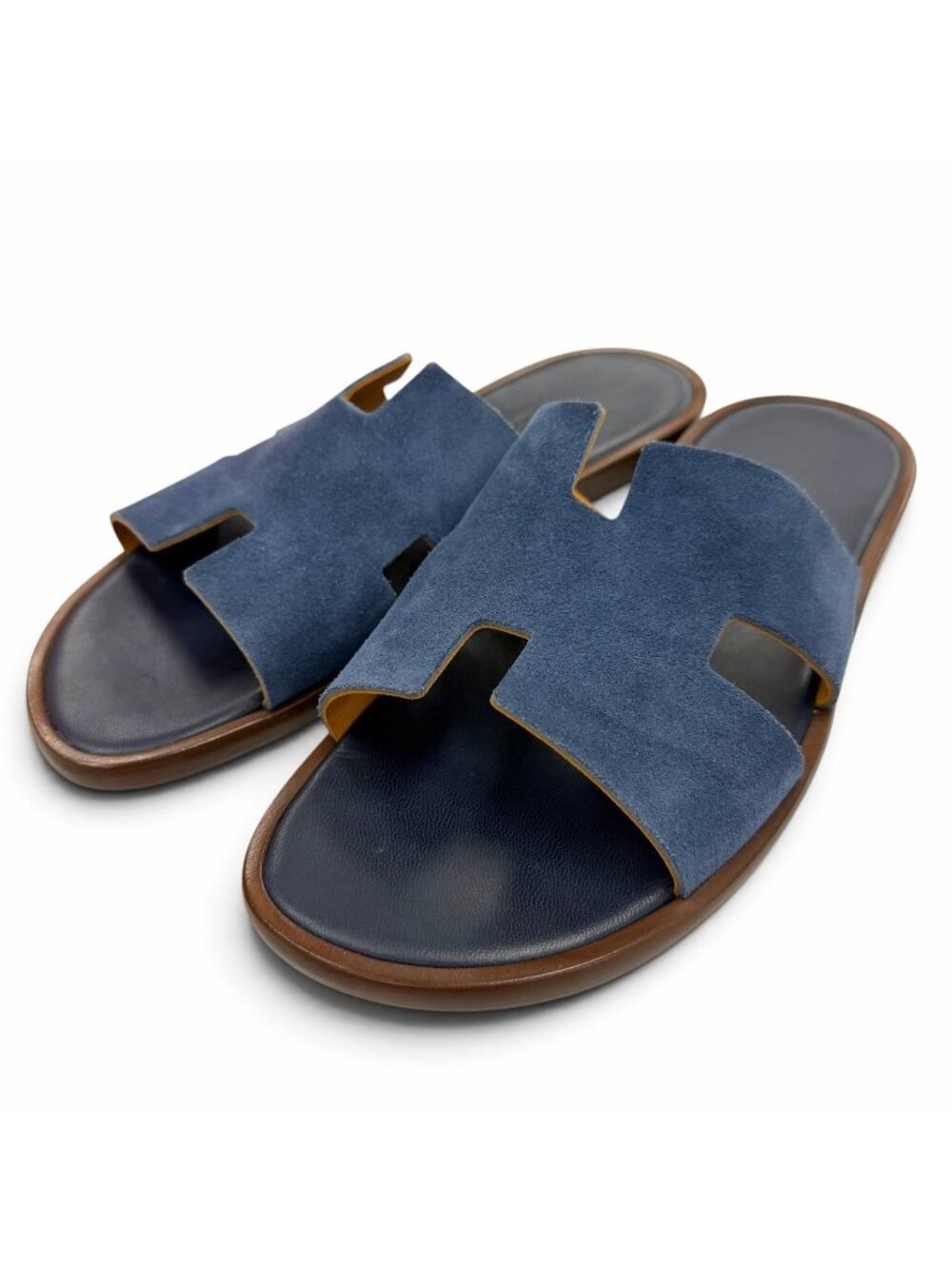 Hermes Izmir Suede Leather Slide Sandals Shoes Navy